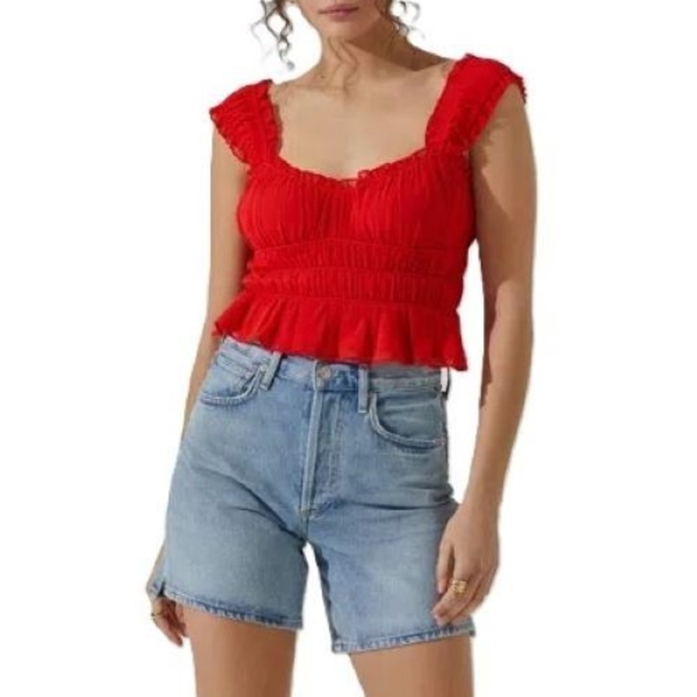 Astr The Label Shirred Crop Top Women's Size XS Red‎ Ruffle Sleeveless Blouse